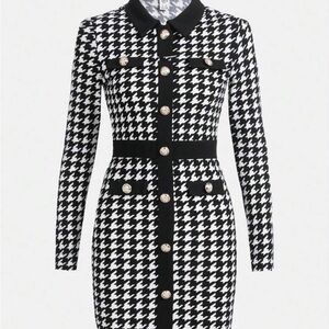 Teen Girl Houndstooth Print Button Front Dress